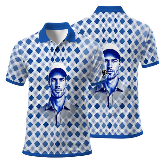Custom Face Polo Shirt – Geometric Diamond Pattern | Personalized Photo Golf Polo | Unique Gift for Him, Retro Geometric Style Shirt Style 3