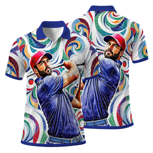 HomyGifts Men's Customized Face Artistic Golf Polo Shirt, Personalized American Flag Design, Unique Gift for Patriotic Golfers Style 12