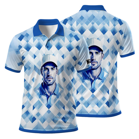 Custom Face Polo Shirt – Geometric Diamond Pattern | Personalized Photo Golf Polo | Unique Gift for Him, Retro Geometric Style Shirt Style 1