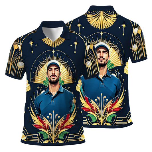 Custom Face Golf Polo Shirt – Swing in Gold Art Deco Revival Style | Personalized Golf Shirt for Men Style 1