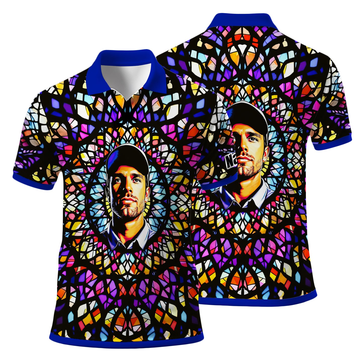 Custom Face Golf Polo Shirt – Personalized Stained Glass Mandala Style Polo, Unique Gift for Men & Women, Vibrant Artistic Golf Shirt, Custom Photo Polo
