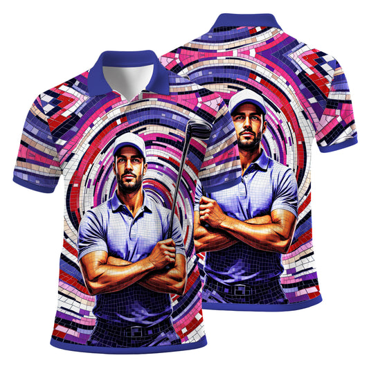 Men's Custom Face Artistic Golf Polo Shirt, Mosaic Art Style, Unique Personalized Golf Polo For Men Style 8