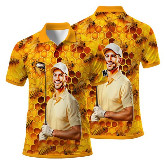 HomyGifts Men's Customized Face Artistic Golf Polo Shirt, Personalized Bee & Honeycomb Polo Shirt with Face, Funny Honey Lover Outfit, Summer Polo for Men Style 2