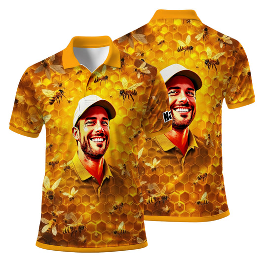 HomyGifts Men's Customized Face Artistic Golf Polo Shirt, Personalized Bee & Honeycomb Polo Shirt with Face, Funny Honey Lover Outfit, Summer Polo for Men Style 4