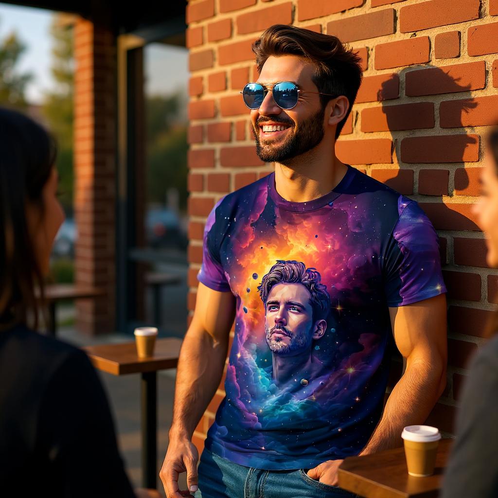 Custom Face Surreal Cosmic Art T-Shirt – Personalized Galaxy Universe Tee with Trippy Sci-Fi Design for Unique Gifts & Style