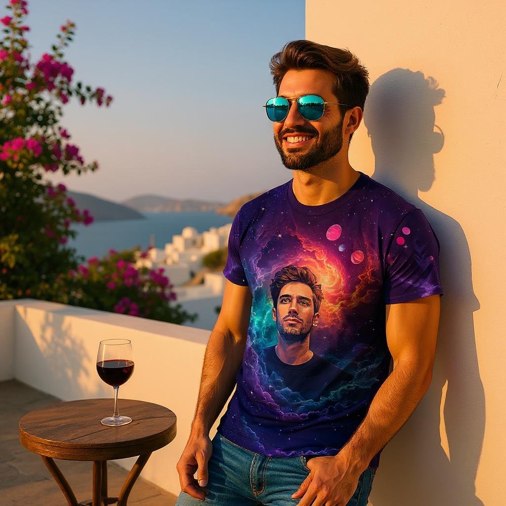 Custom Face Surreal Cosmic Art T-Shirt – Personalized Galaxy Universe Tee with Trippy Sci-Fi Design for Unique Gifts & Style