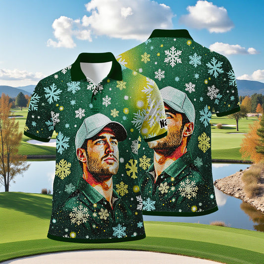 Custom Face Golf Polo Shirt – Personalized Christmas Golf Shirt for Him, Unique Holiday Gift for Golfer, Snowflake Mosaic Art Design Golf Apparel Style 18