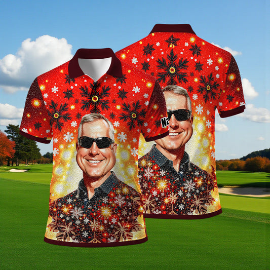 Custom Face Golf Polo Shirt – Personalized Christmas Golf Shirt for Him, Unique Holiday Gift for Golfer, Snowflake Design Golf Apparel Style 22