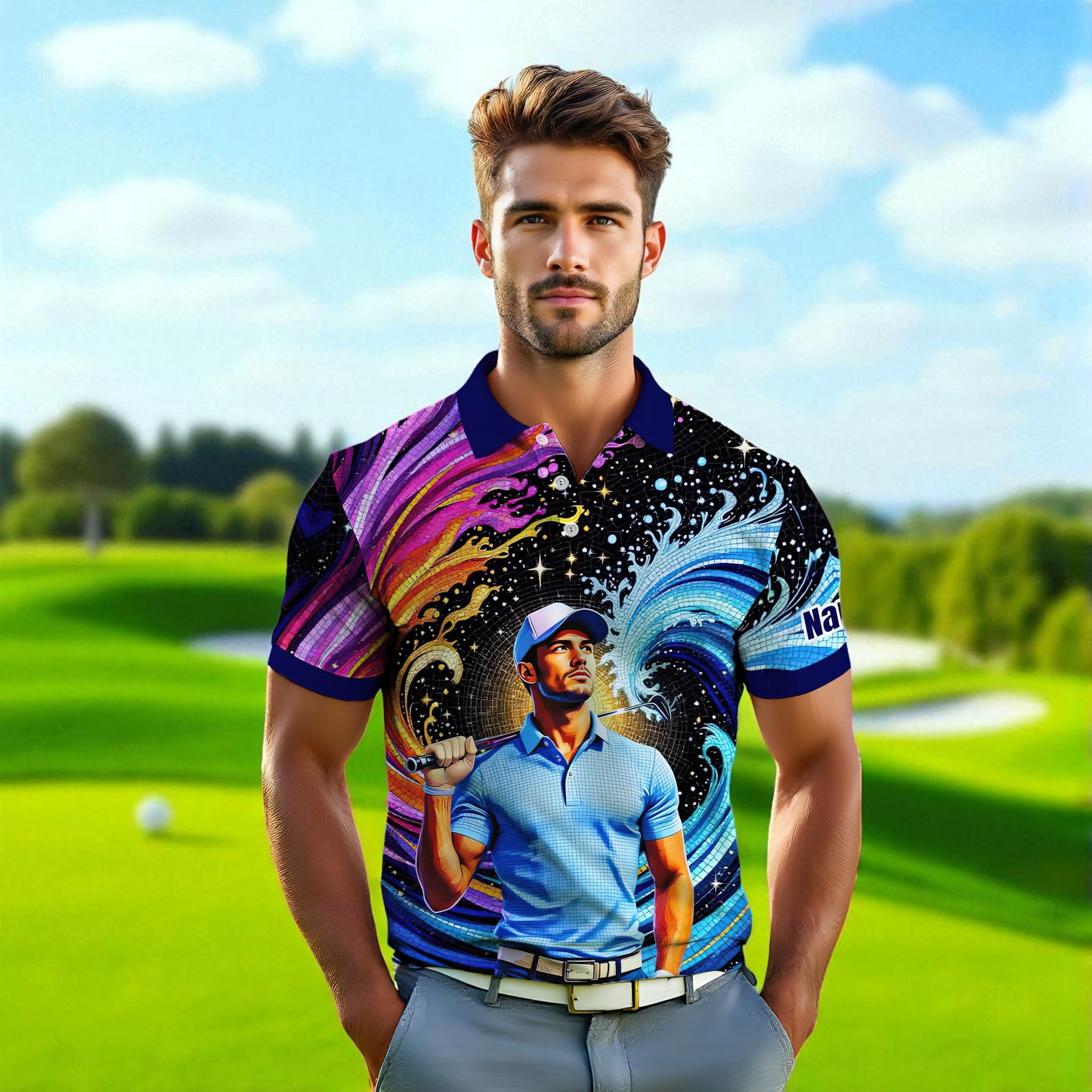 Men's Custom Face Artistic Golf Polo Shirt, Mosaic Art Style, Unique Personalized Golf Polo For Men
