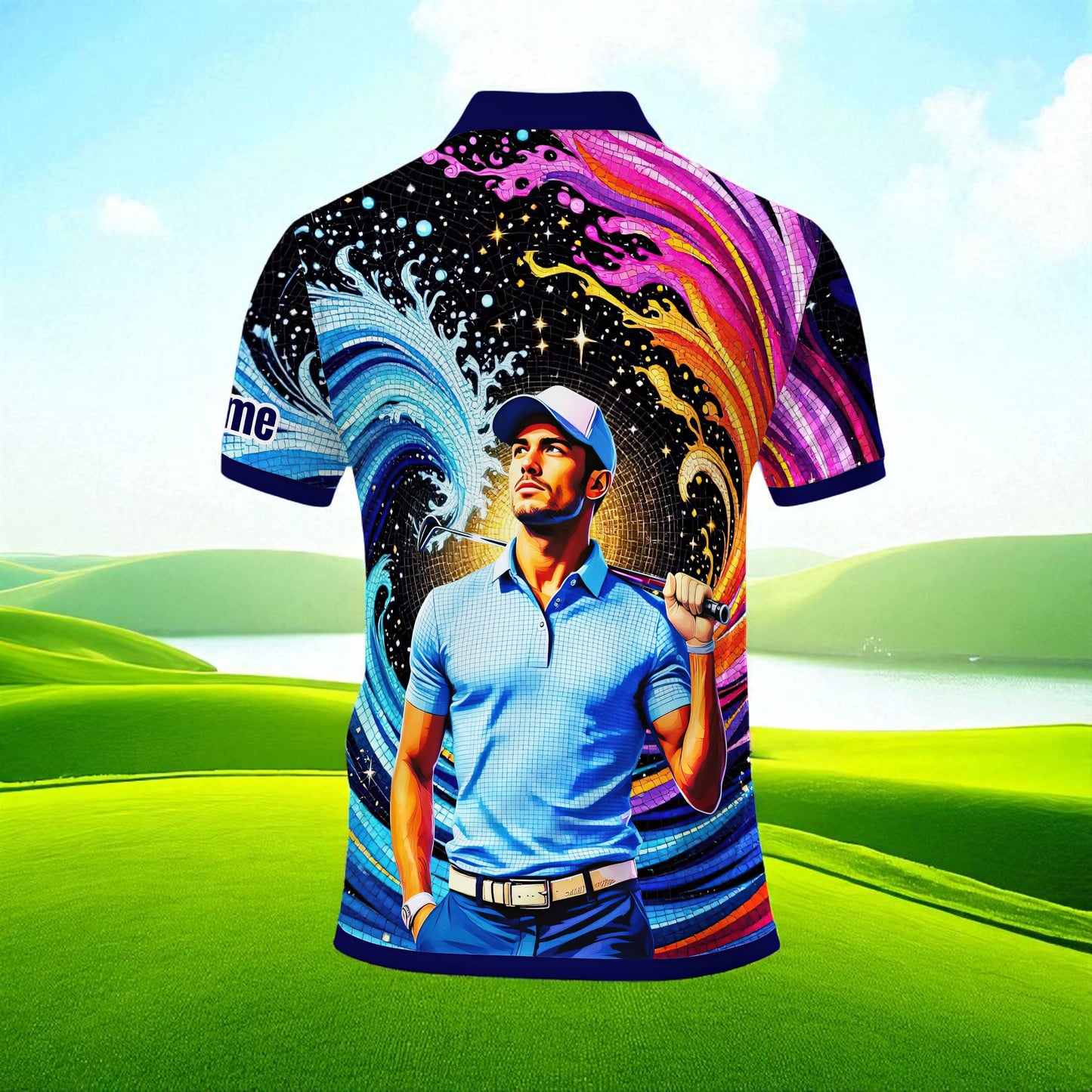 Men's Custom Face Artistic Golf Polo Shirt, Mosaic Art Style, Unique Personalized Golf Polo For Men