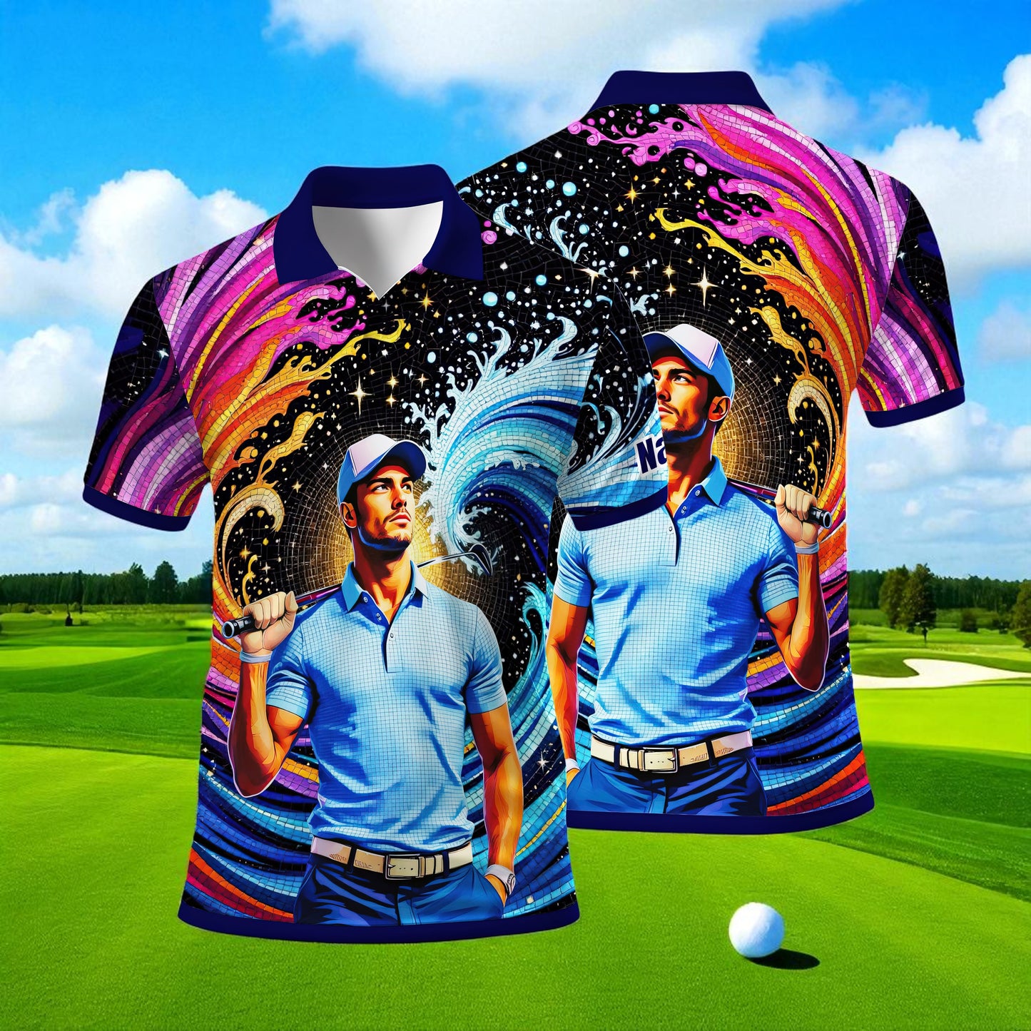 Men's Custom Face Artistic Golf Polo Shirt, Mosaic Art Style, Unique Personalized Golf Polo For Men