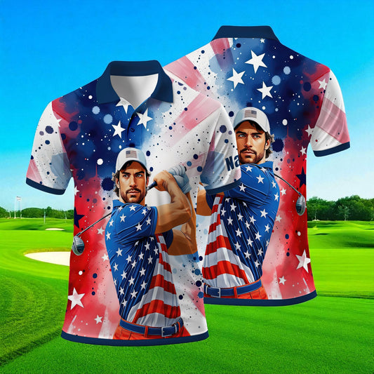 HomyGifts Men's Customized Face Artistic Golf Polo Shirt, Personalized American Flag Design, Unique Gift for Patriotic Golfers Style 17