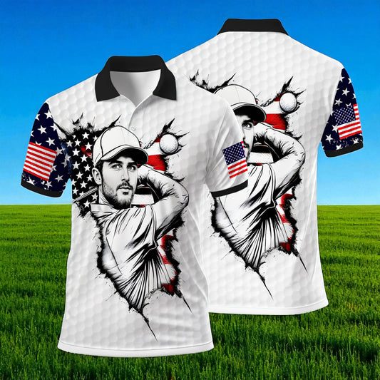 HomyGifts Men's Customized Face Artistic Golf Polo Shirt, Personalized American Flag Design, Unique Gift for Patriotic Golfers Style 30