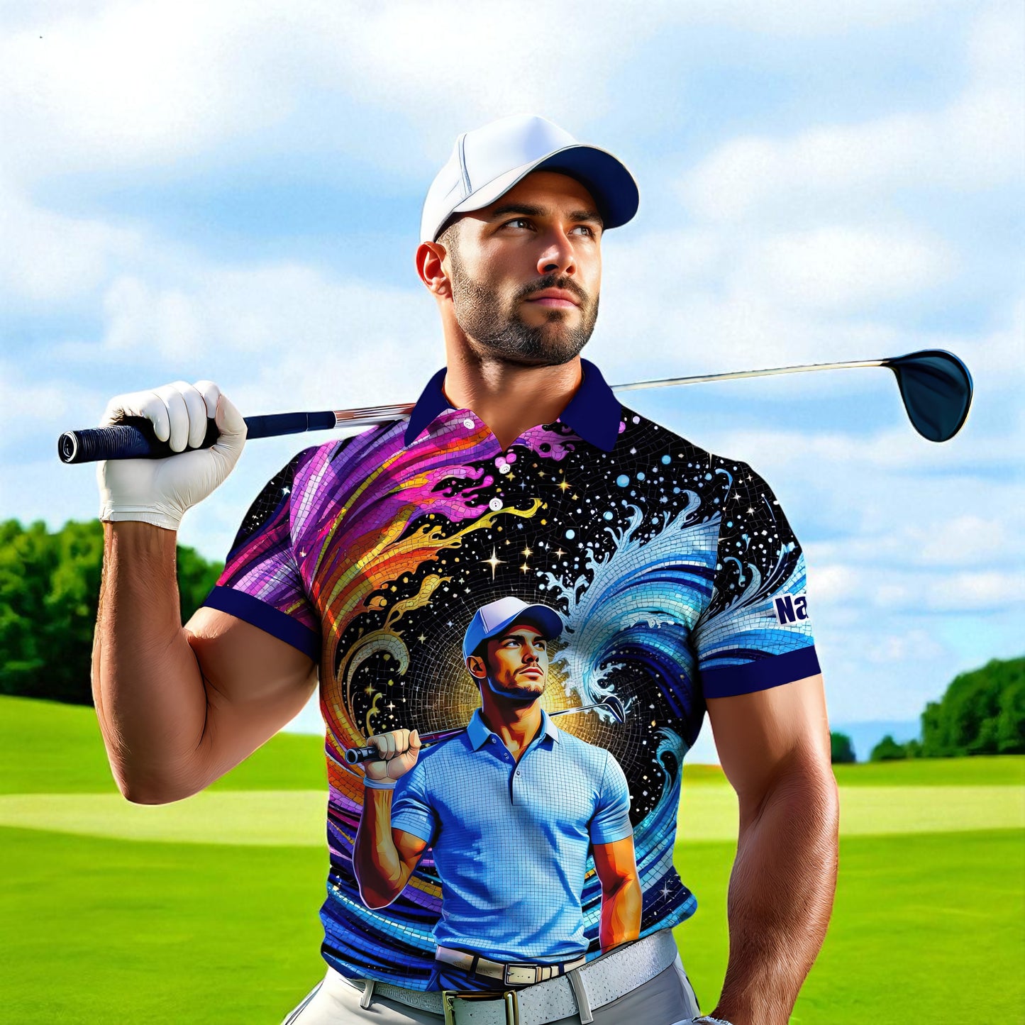 Men's Custom Face Artistic Golf Polo Shirt, Mosaic Art Style, Unique Personalized Golf Polo For Men