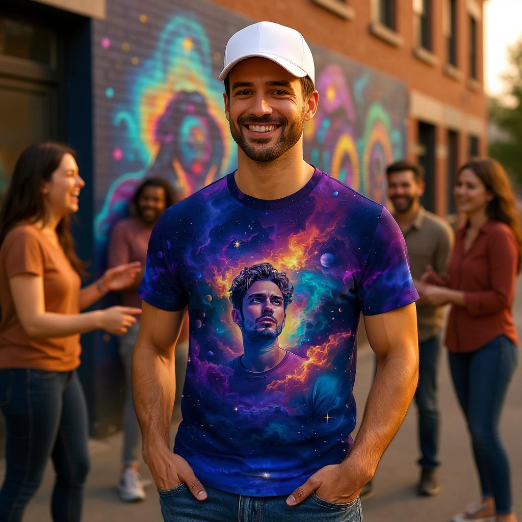 Custom Face Surreal Cosmic Art T-Shirt – Personalized Galaxy Universe Tee with Trippy Sci-Fi Design for Unique Gifts & Style