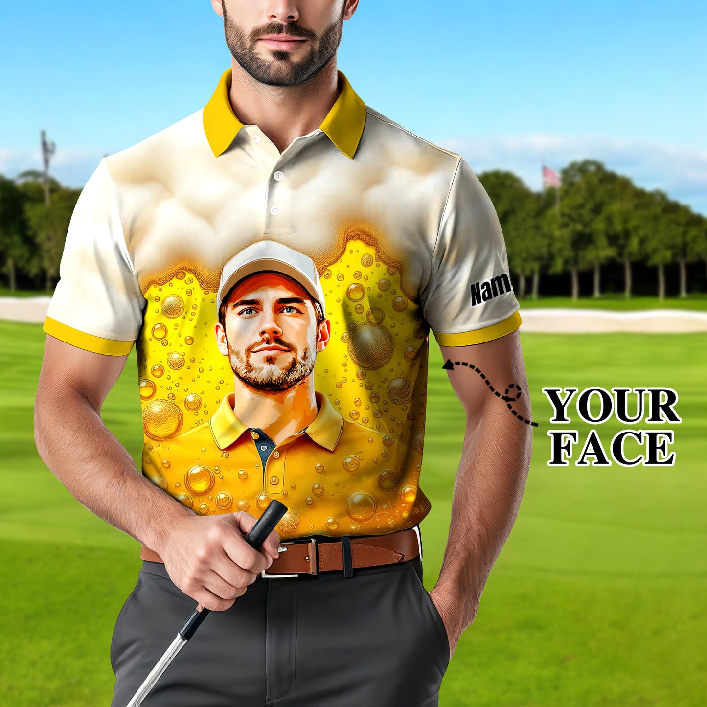 Custom Beer Polo Shirt with Face – Funny Personalized Polo for Beer Lovers, Summer Party Outfit, Unique Gift for Men