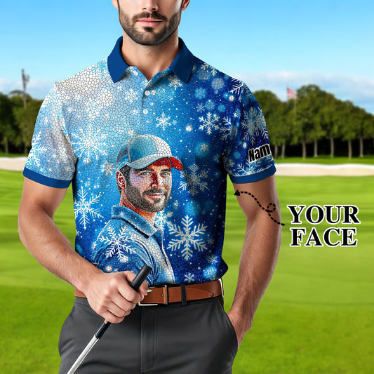 Custom Face Golf Polo Shirt – Personalized Christmas Golf Shirt for Him, Unique Holiday Gift for Golfer, Snowflake Design Golf Apparel Style 8