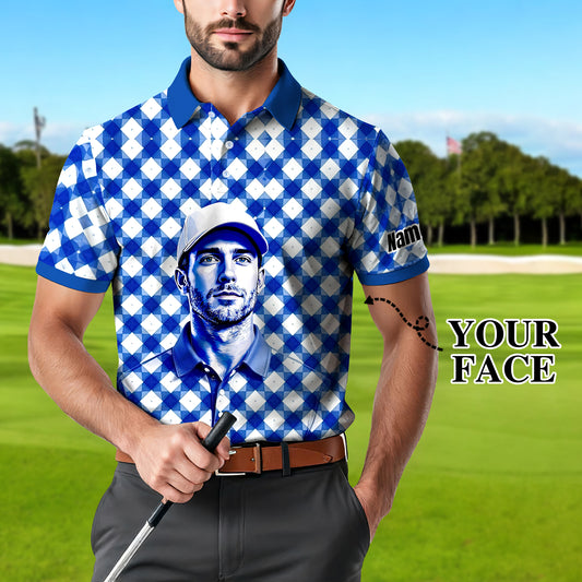 Custom Face Polo Shirt – Geometric Diamond Pattern | Personalized Photo Golf Polo | Unique Gift for Him, Retro Geometric Style Shirt Style 5