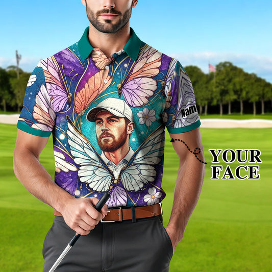 Custom Face Butterfly Golf Polo Shirt – Personalized Spring Mirage Art Style – Unique Gift for Him, Nature Inspired Men's Shirt Style 3