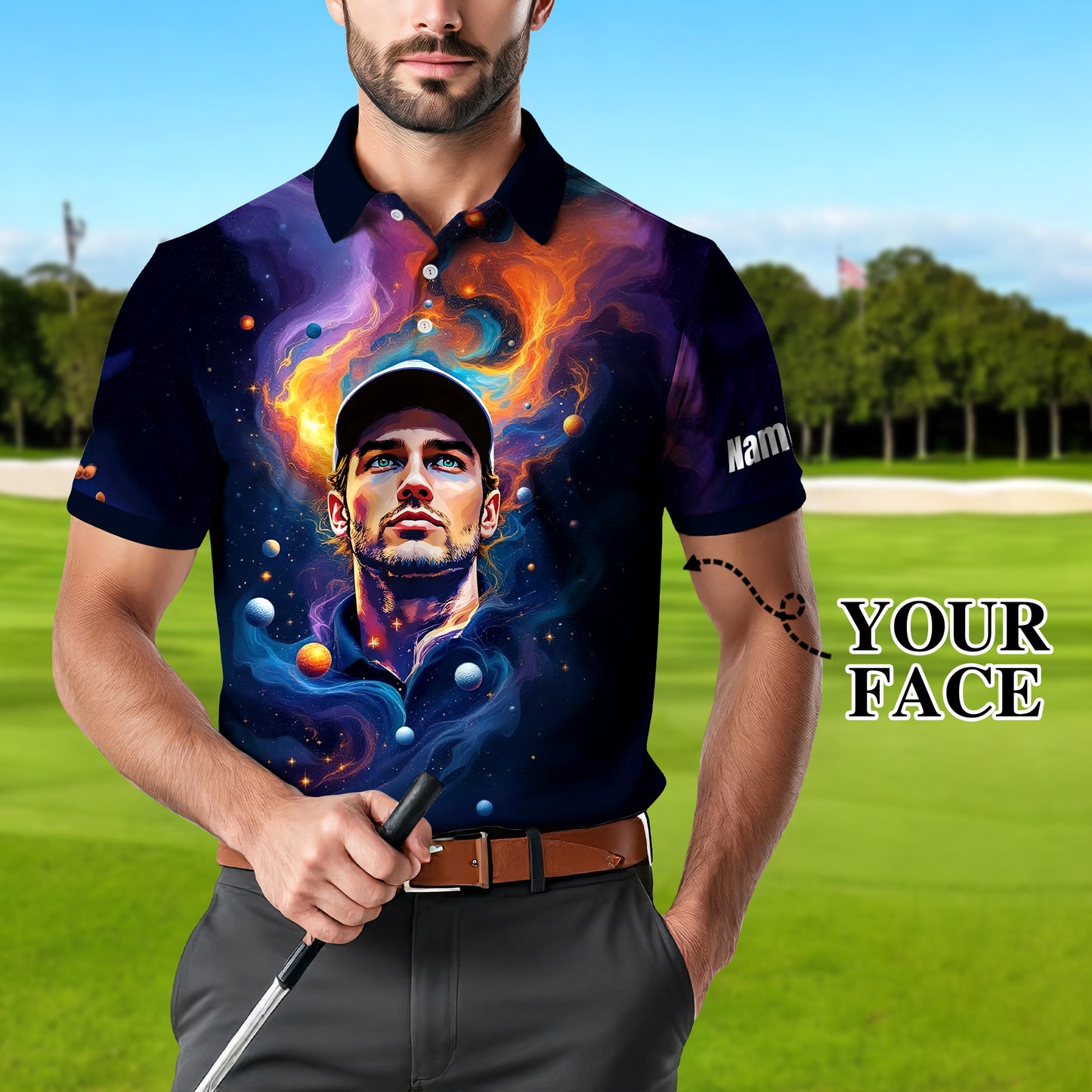 Custom Cosmic Portrait Polo Shirt – Personalized Surreal Galaxy Art with Your Face | Unique Gift for Golfers, Sports & Astrology Fans