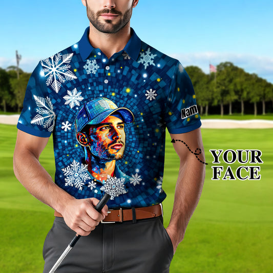 Custom Face Golf Polo Shirt – Personalized Christmas Golf Shirt for Him, Unique Holiday Gift for Golfer, Snowflake Design Golf Apparel Style 7