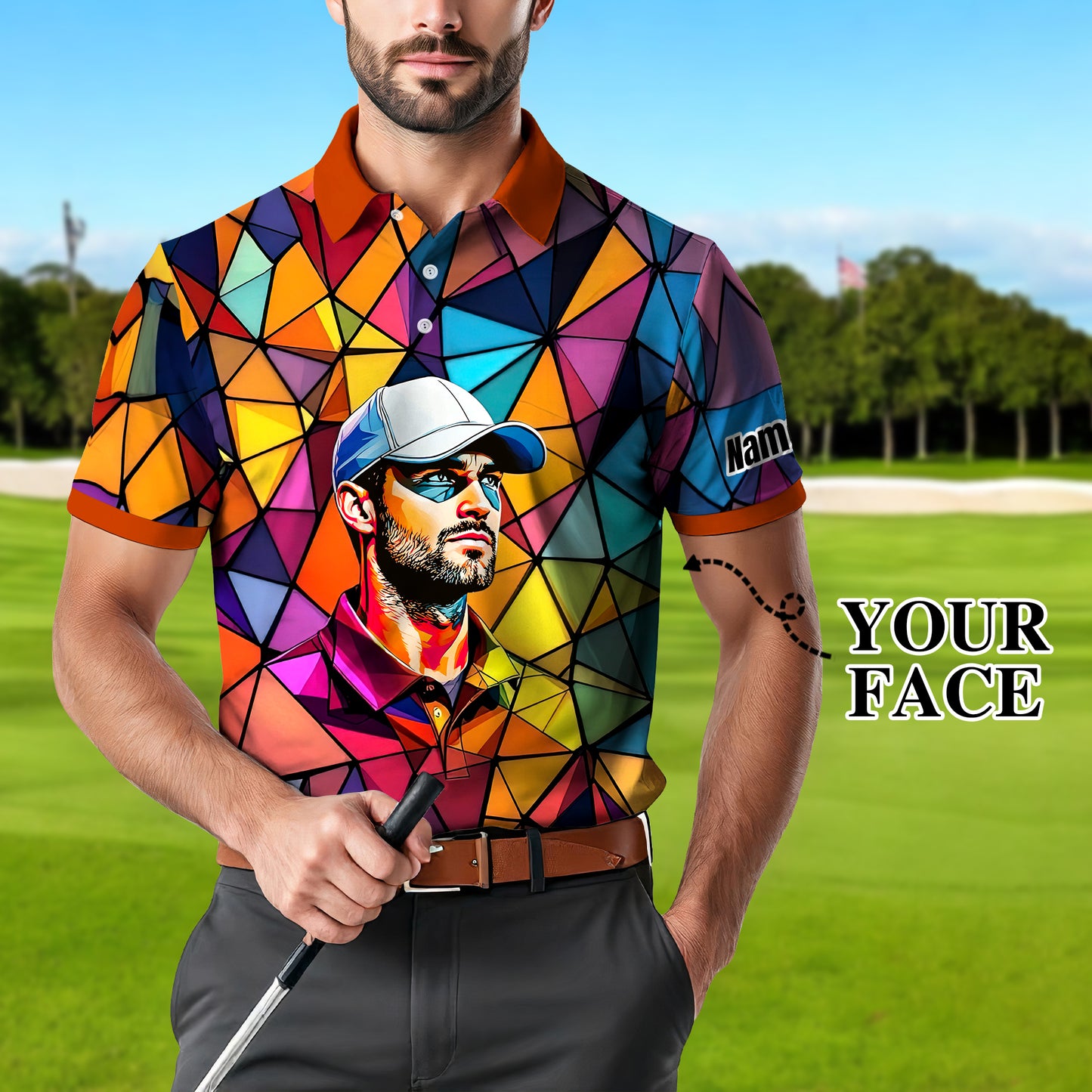 Angular Geometric Glass Pattern Custom Face Polo — Stained-Glass Mosaic Print, Personalized Sublimation Golf Shirt, Vibrant Geometric Portrait Tee
