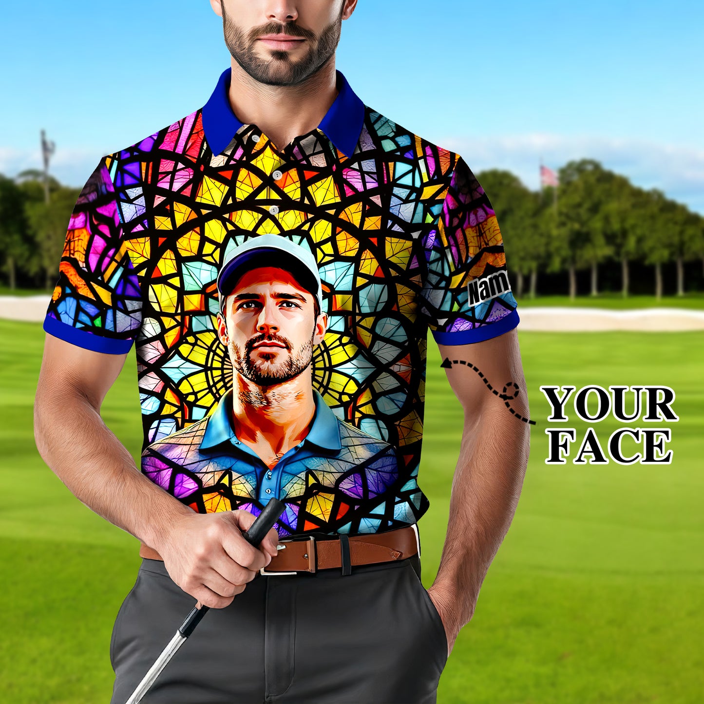 Custom Face Golf Polo Shirt – Personalized Stained Glass Mandala Style Polo, Unique Gift for Men & Women, Vibrant Artistic Golf Shirt, Custom Photo Polo