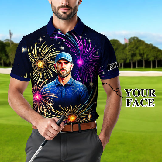 Custom Face Golf Polo Shirt – New Year Fireworks Edition | Personalized Golf Polo | Unique Holiday Gift for Him 2025 Style 2