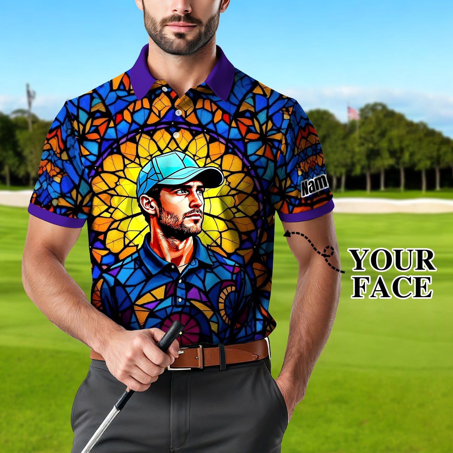 Custom Face Golf Polo Shirt – Personalized Stained Glass Art Shirt, Unique Golf Gift for Him, Colorful Abstract Golf Polo, Custom Sportswear Style 3