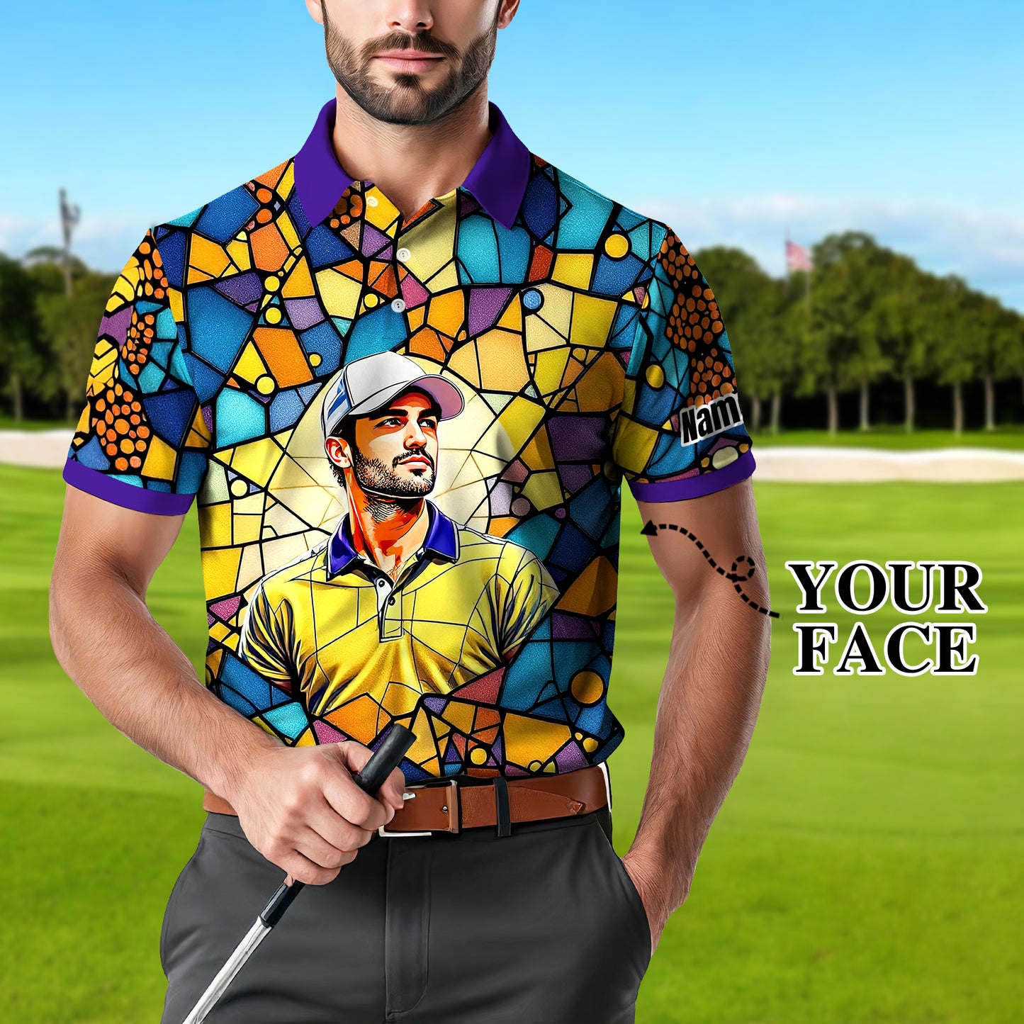 Custom Face Golf Polo Shirt – Personalized Stained Glass Art Shirt, Unique Golf Gift for Him, Colorful Abstract Golf Polo, Custom Sportswear