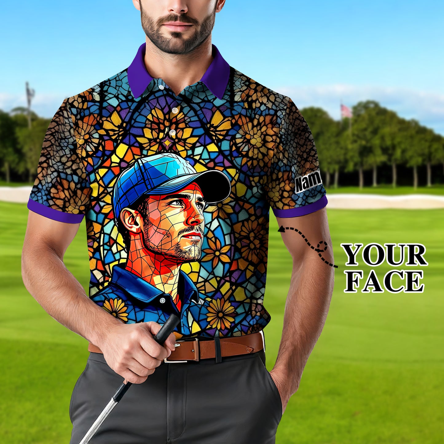Custom Face Golf Polo Shirt – Personalized Stained Glass Art Shirt, Unique Golf Gift for Him, Colorful Abstract Golf Polo, Custom Sportswear