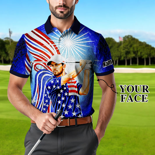 Custom Face Patriotic Golf Polo Shirt – Personalized USA Flag Design – American Pride Gift for Him – Mosaic Art Golf Shirt Style 5