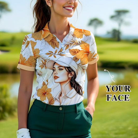 Women’s Custom Face Hibiscus Polo Shirt – Personalized Tropical Floral Polo, Unique Gift for Her, Stylish Custom Golf & Casual Wear Style 10