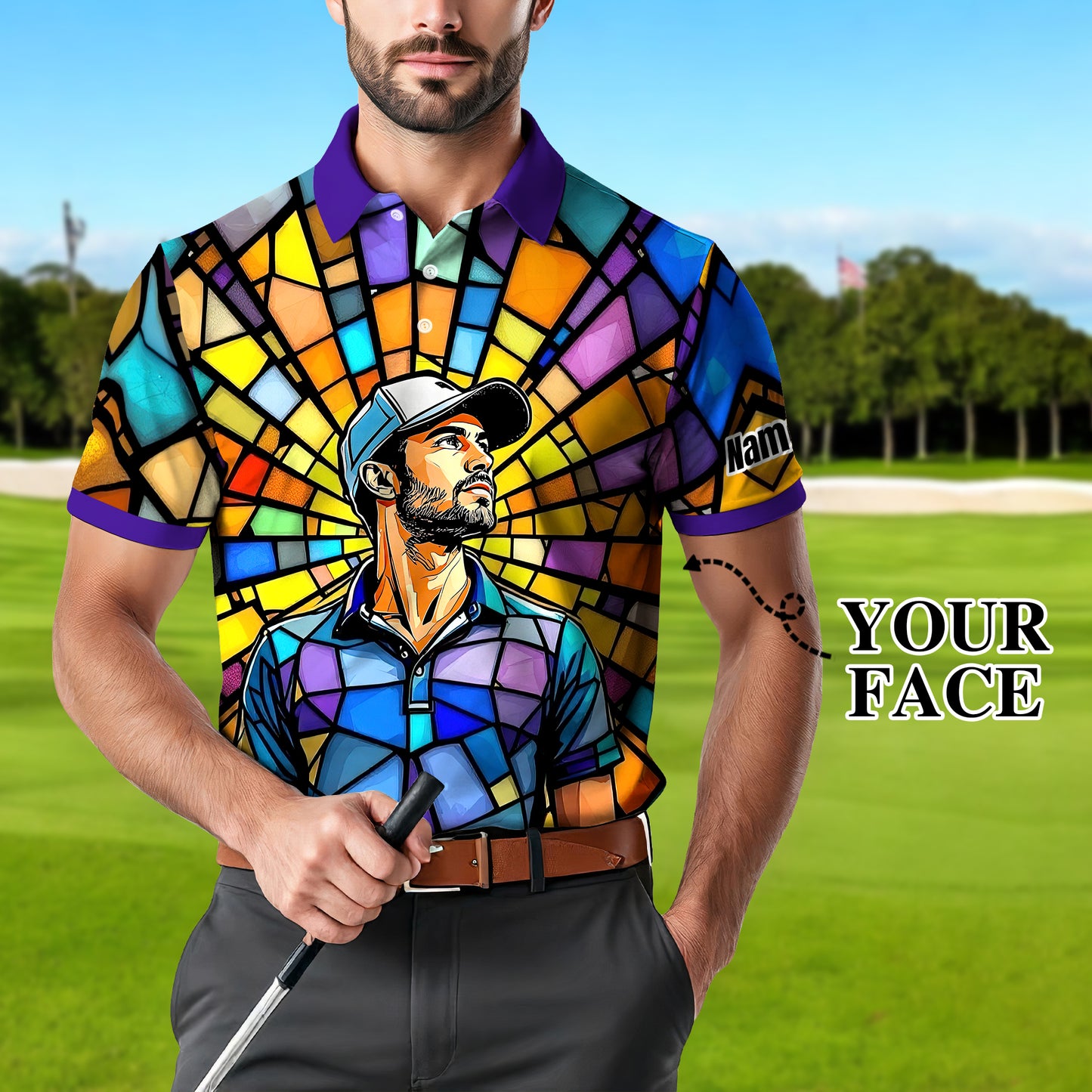 Custom Face Golf Polo Shirt – Personalized Stained Glass Art Shirt, Unique Golf Gift for Him, Colorful Abstract Golf Polo, Custom Sportswear