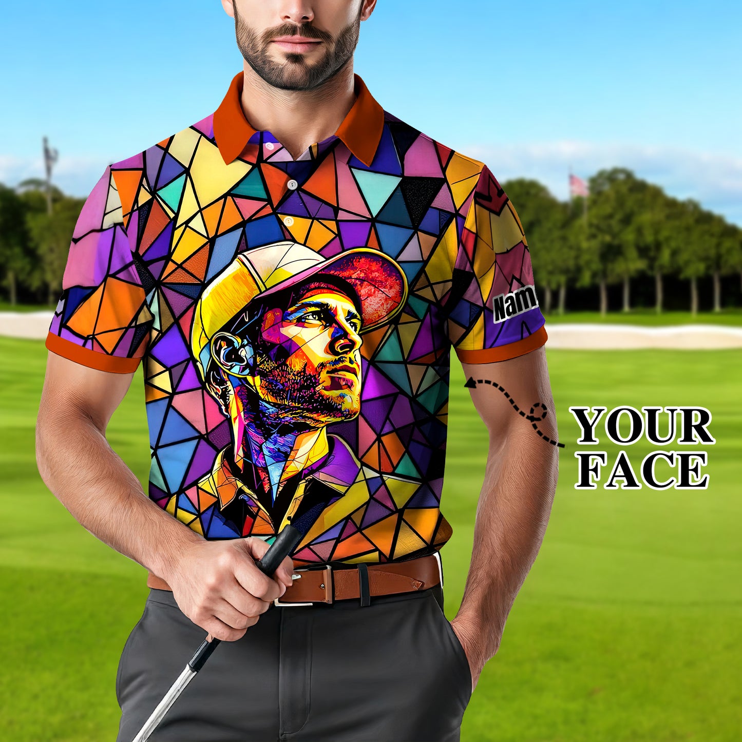 HomyGifts Men's Customized Face Artistic Golf Polo Shirt, Angular Geometric Glass Pattern, Stained-Glass Mosaic Print, Personalized Sublimation Golf Shirt, Vibrant Geometric Portrait Tee