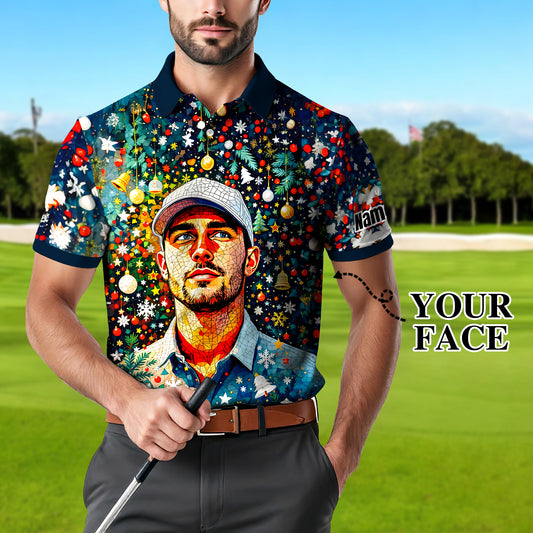 Personalized Christmas Golf Polo Shirt with Your Face – Custom Photo Holiday Shirt – Unique Mosaic Art Xmas Gift for Men, Custom Golf Apparel Style 5