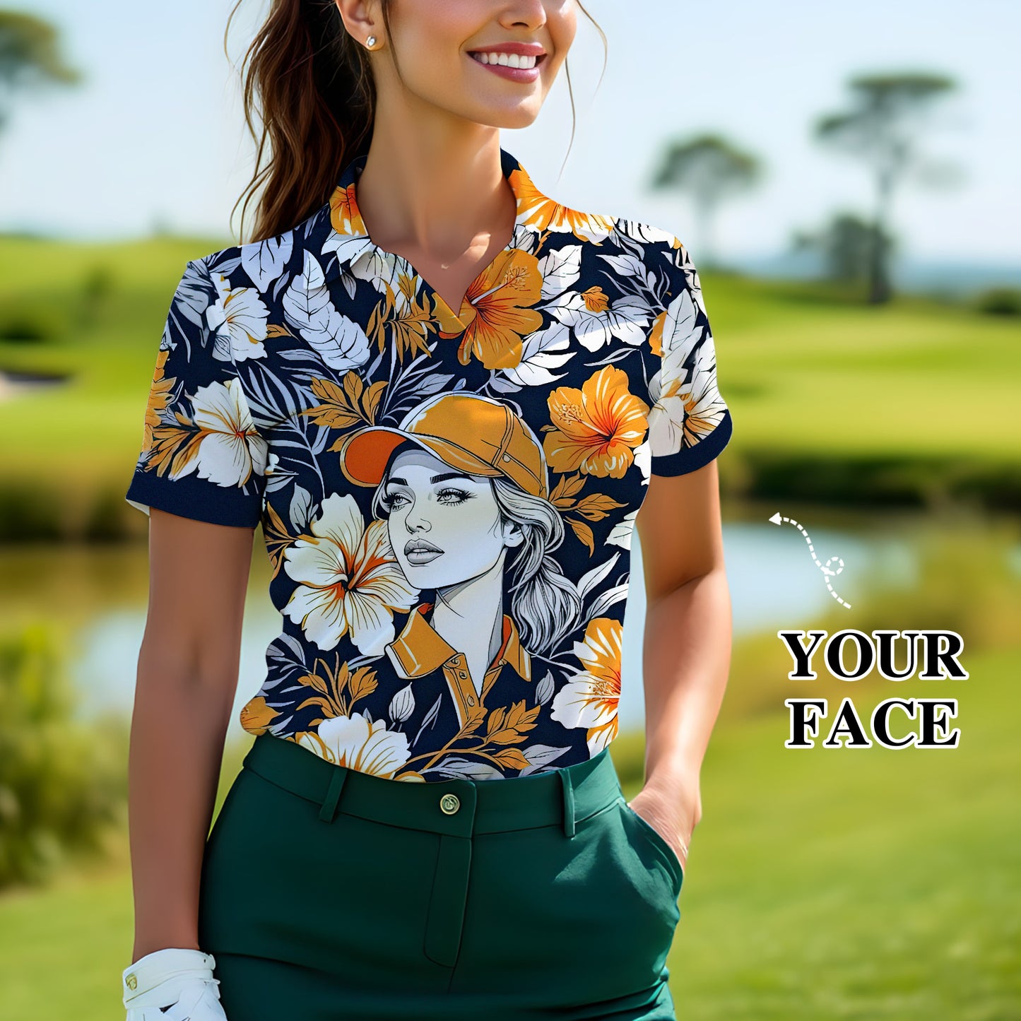 Women’s Custom Face Hibiscus Polo Shirt – Personalized Tropical Floral Polo, Unique Gift for Her, Stylish Custom Golf & Casual Wear Style 9