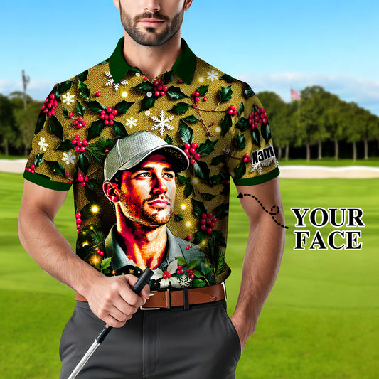 Custom Face Golf Polo Shirt – Personalized Christmas Golf Shirt for Him, Unique Holiday Gift for Golfer, Snowflake Design Golf Apparel Style 17