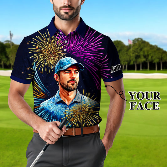 Custom Face Golf Polo Shirt – New Year Fireworks Edition | Personalized Golf Polo | Unique Holiday Gift for Him 2025 Style 3