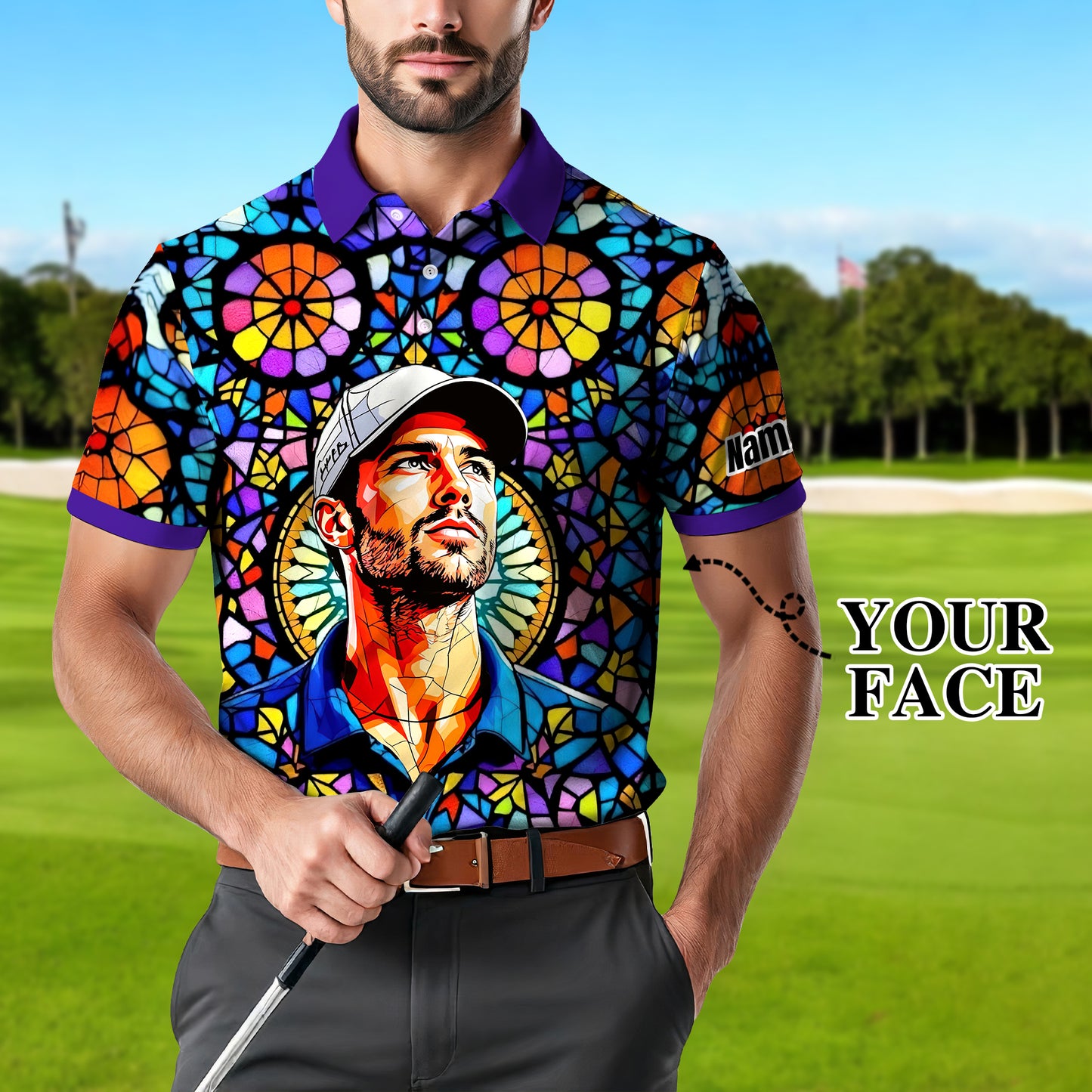 Custom Face Golf Polo Shirt – Personalized Stained Glass Art Shirt, Unique Golf Gift for Him, Colorful Abstract Golf Polo, Custom Sportswear