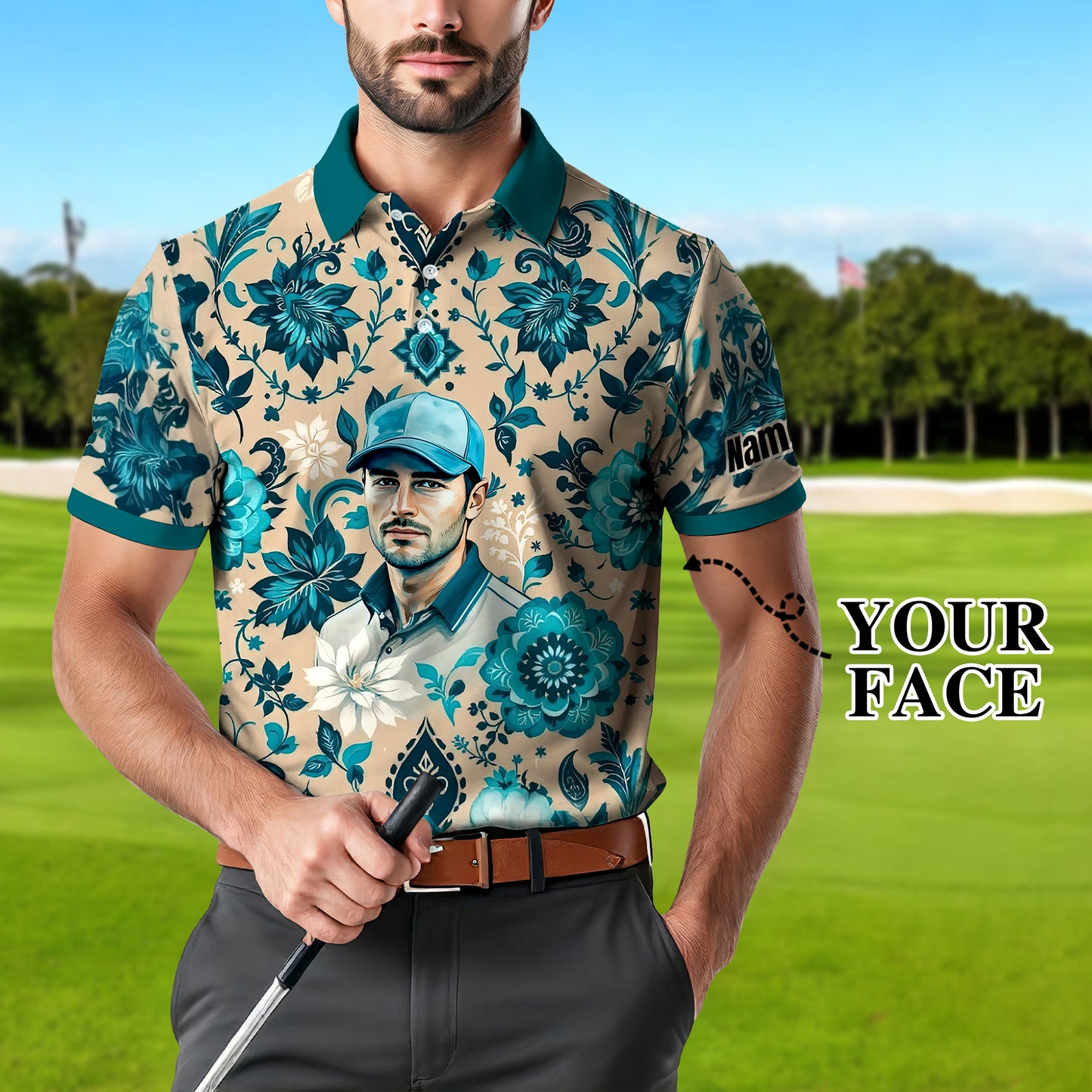 Custom Retro Pattern Art Polo Shirt – Personalized Face & Name | Vintage Floral Pattern Collared Shirt for Men Style 5