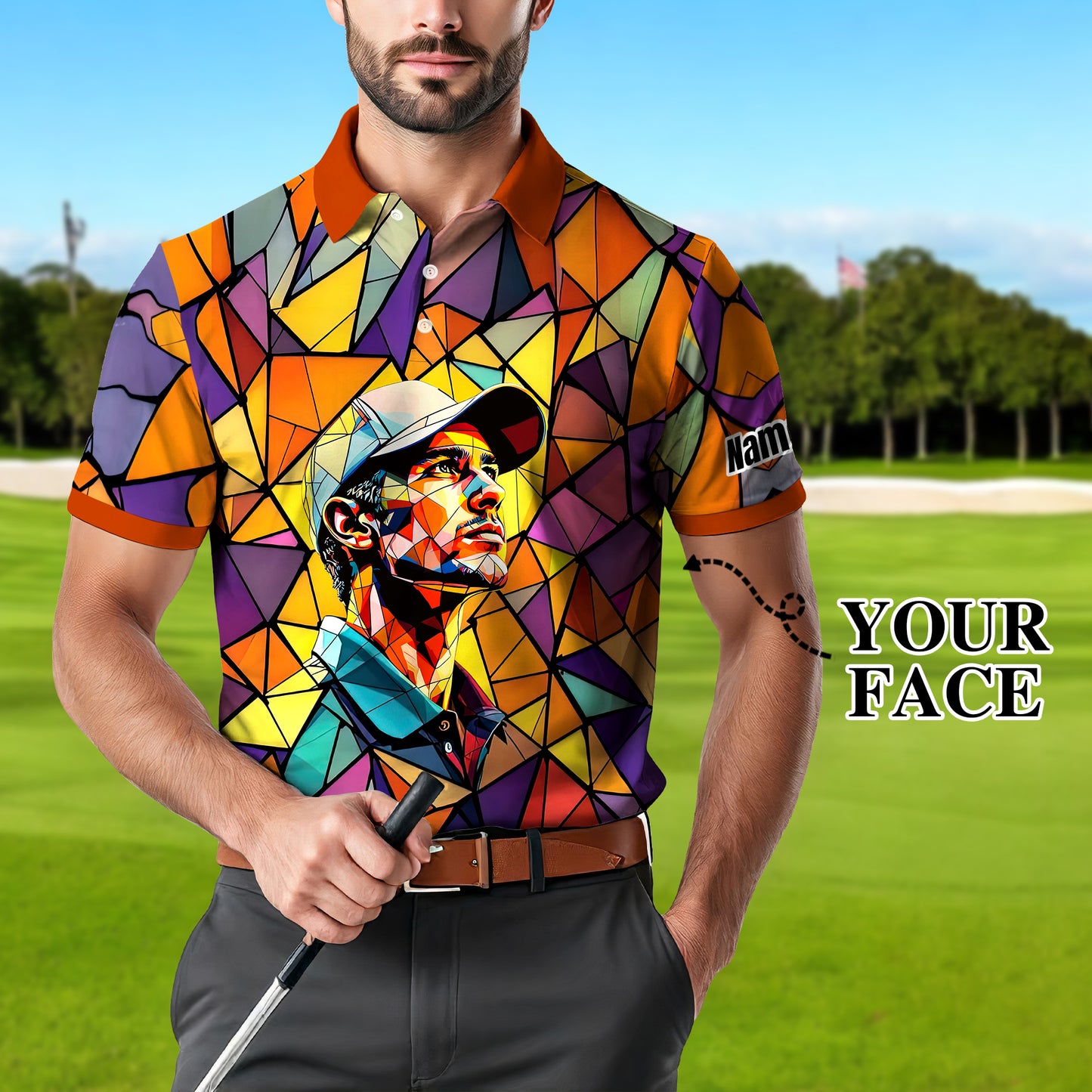 Angular Geometric Glass Pattern Custom Face Polo — Stained-Glass Mosaic Print, Personalized Sublimation Golf Shirt, Vibrant Geometric Portrait Tee