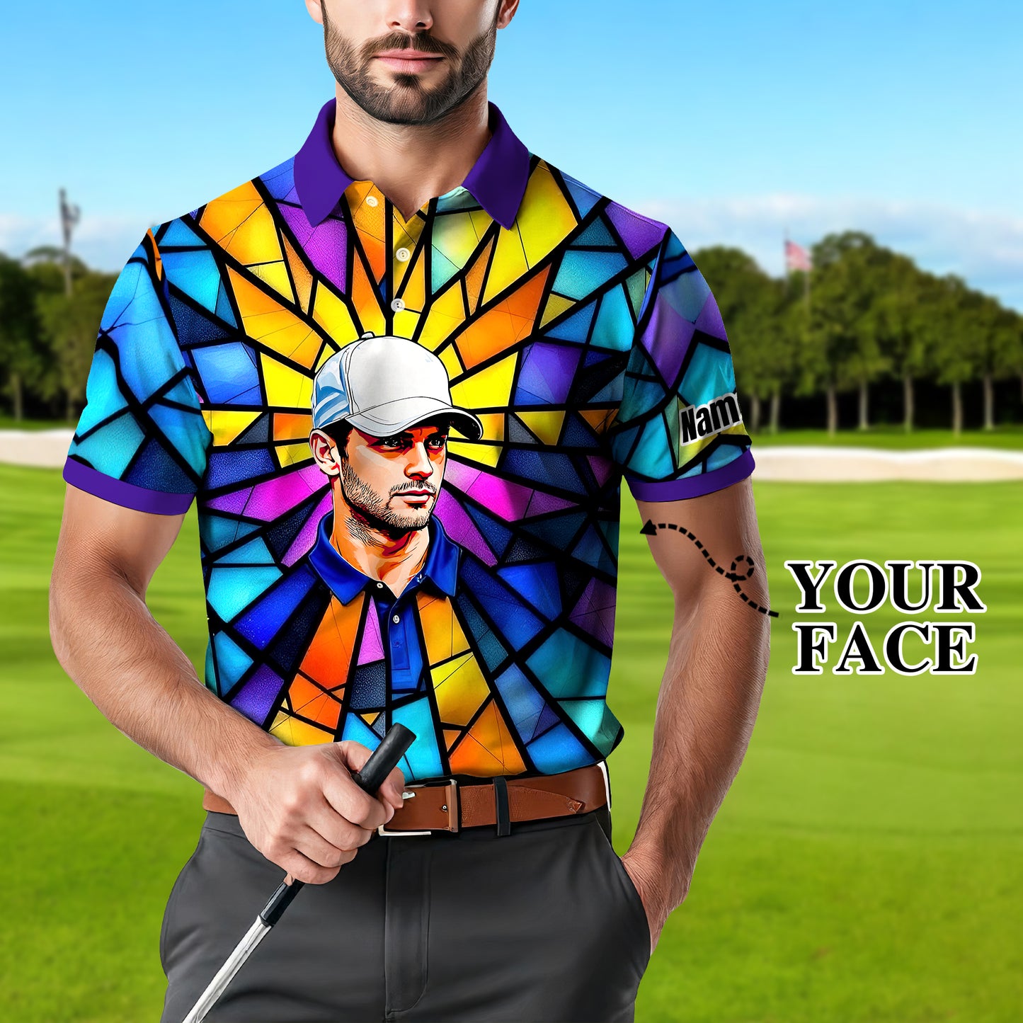 Custom Face Golf Polo Shirt – Personalized Stained Glass Art Shirt, Unique Golf Gift for Him, Colorful Abstract Golf Polo, Custom Sportswear