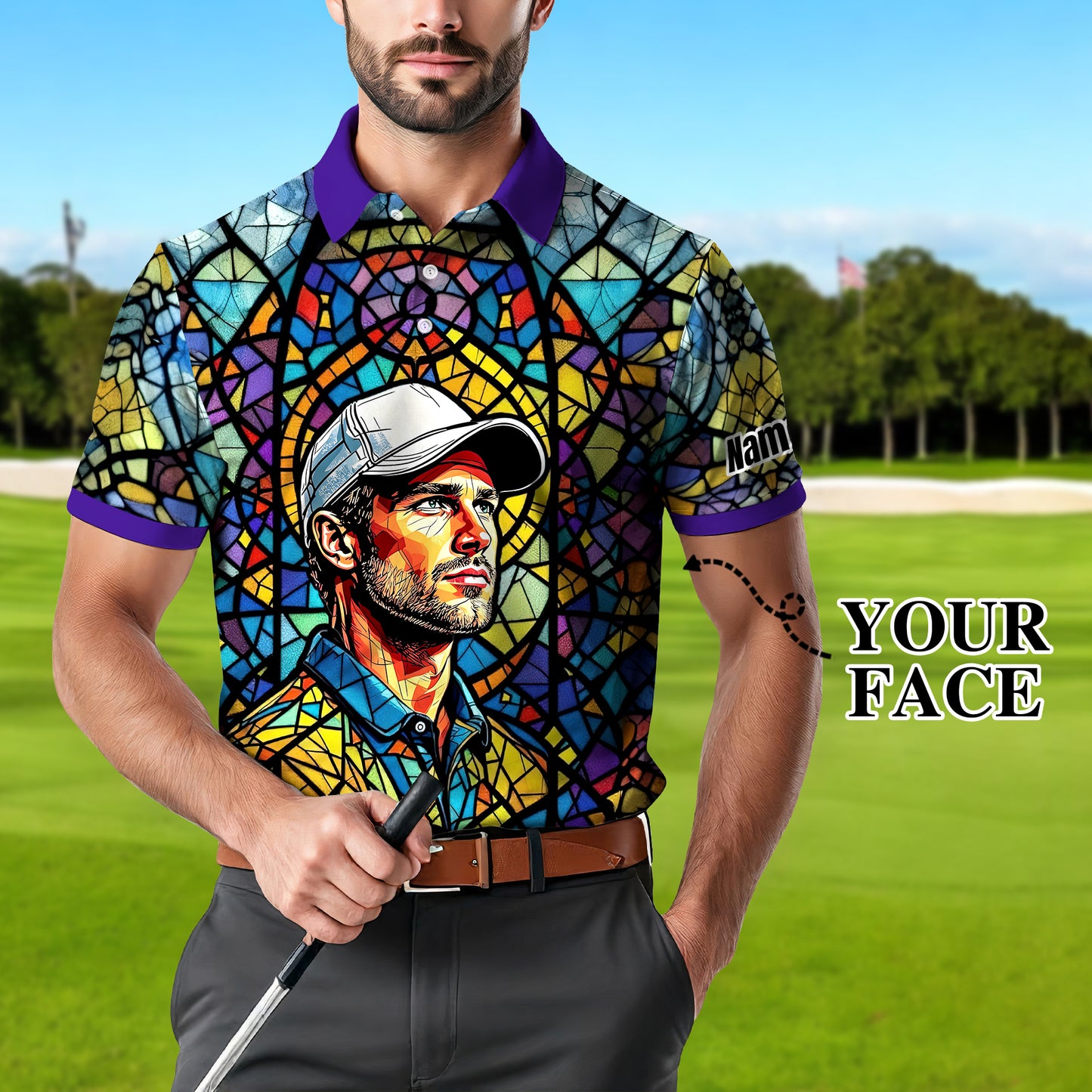 Custom Face Golf Polo Shirt – Personalized Stained Glass Art Shirt, Unique Golf Gift for Him, Colorful Abstract Golf Polo, Custom Sportswear