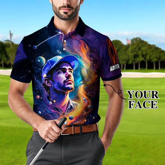 Custom Cosmic Portrait Polo Shirt – Personalized Surreal Galaxy Art with Your Face | Unique Gift for Golfers, Sports & Astrology Fans Style 2