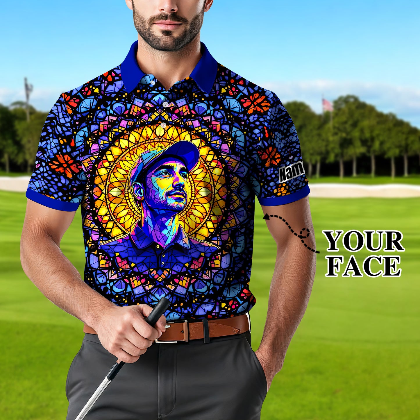 Custom Face Golf Polo Shirt – Personalized Stained Glass Mandala Style Polo, Unique Gift for Men & Women, Vibrant Artistic Golf Shirt, Custom Photo Polo