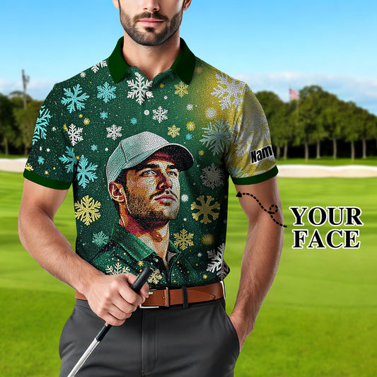 Custom Face Golf Polo Shirt – Personalized Christmas Golf Shirt for Him, Unique Holiday Gift for Golfer, Snowflake Design Golf Apparel Style 18