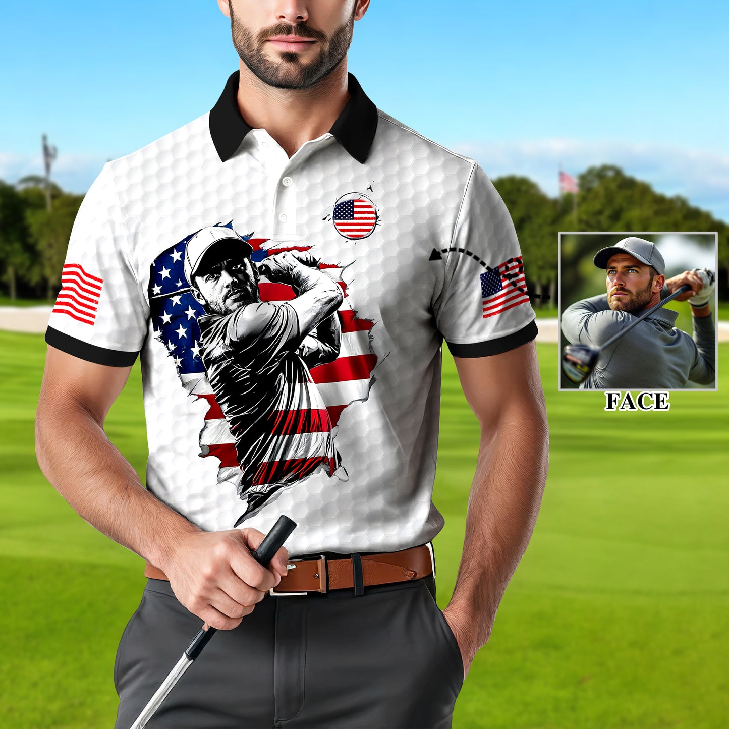 Men's Patriotic Custom Face Golf Polo Shirt - American Flag Design