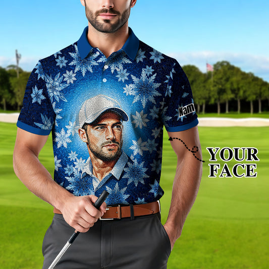 Custom Face Golf Polo Shirt – Personalized Christmas Golf Shirt for Him, Unique Holiday Gift for Golfer, Snowflake Design Golf Apparel Style 10