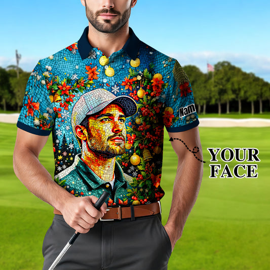 Personalized Christmas Golf Polo Shirt with Your Face – Custom Photo Holiday Shirt – Unique Mosaic Art Xmas Gift for Men, Custom Golf Apparel Style 3